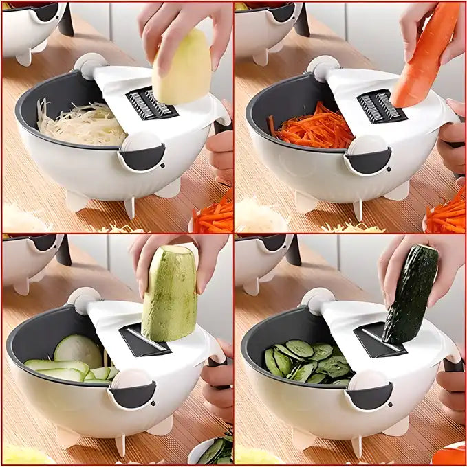 Vegetable Cutter- 9 In 1 Multifunction Magic Rotate Vegetable Cutter With Drain Basket Large Capacity