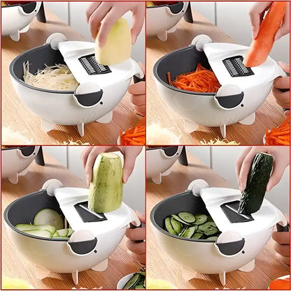 Vegetable Cutter- 9 In 1 Multifunction Magic Rotate Vegetable Cutter With Drain Basket Large Capacity