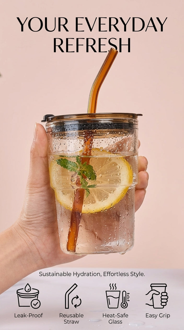 HAVN SipCool — Glass Tumbler with Lid & Straw, (450ml)